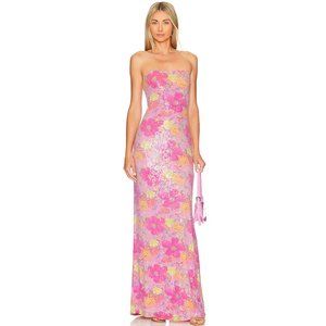 LoveShackFancy Tannie Strapless Sequined Floral-Print Jersey Maxi Dress